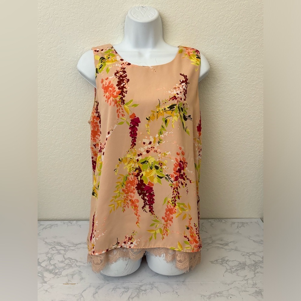 Worthington Sleeveless Back Button Top Womens L Peach Floral Grapes Blou…​